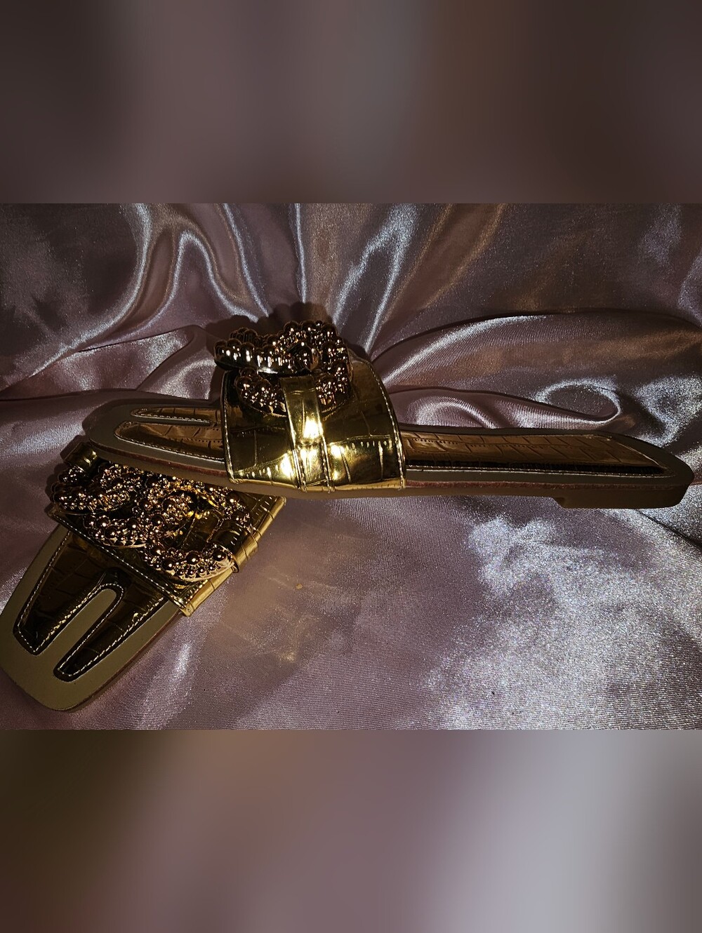 Gold Metallic Jeweled Slide Sandals
